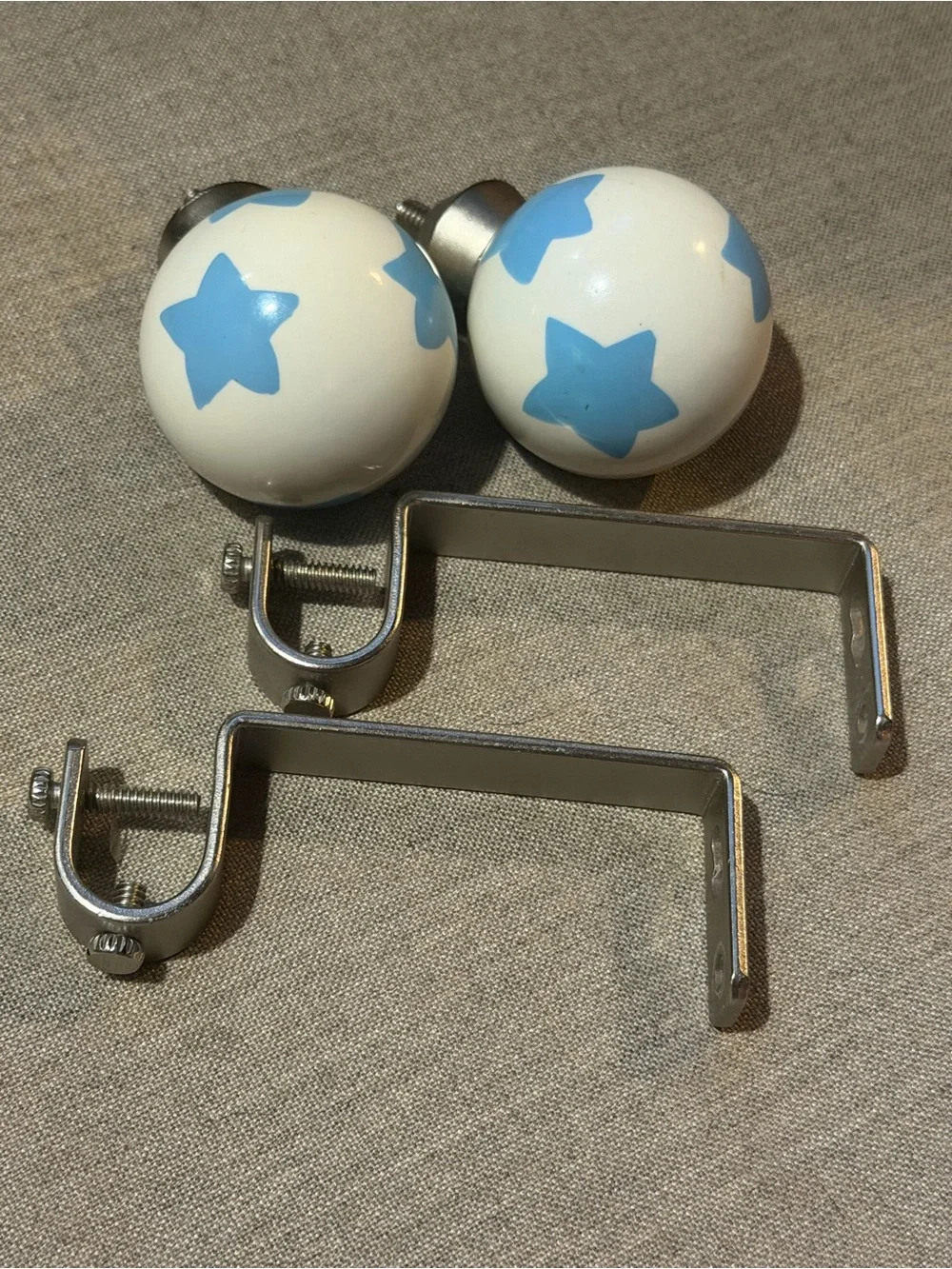 Vintage Pottery Barn Kids Blue Star Ceramic Curtain Finials w/ Brackets Nursery